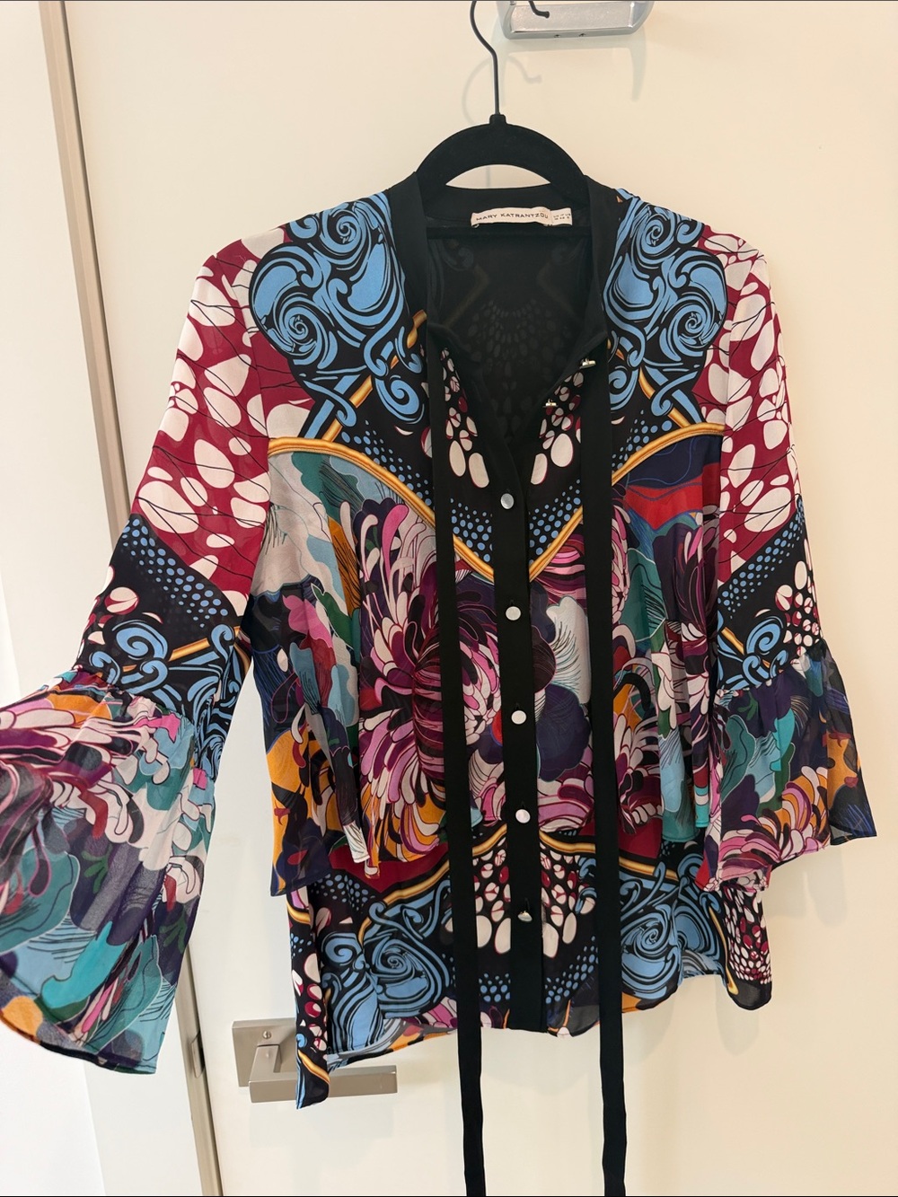 MARY KATRANTZOU Black Multi-Color Floral Silk Blouse
